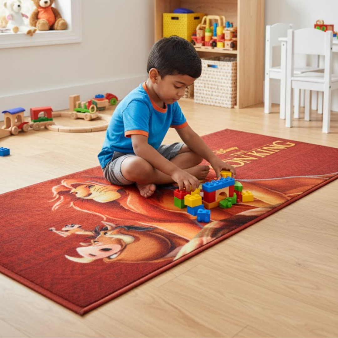 Soft and absorbent kids bath towel and kids runner carpet featuring Lion King designs, ideal for daily use, playful décor, and keeping kids cozy while stepping out of the bath.