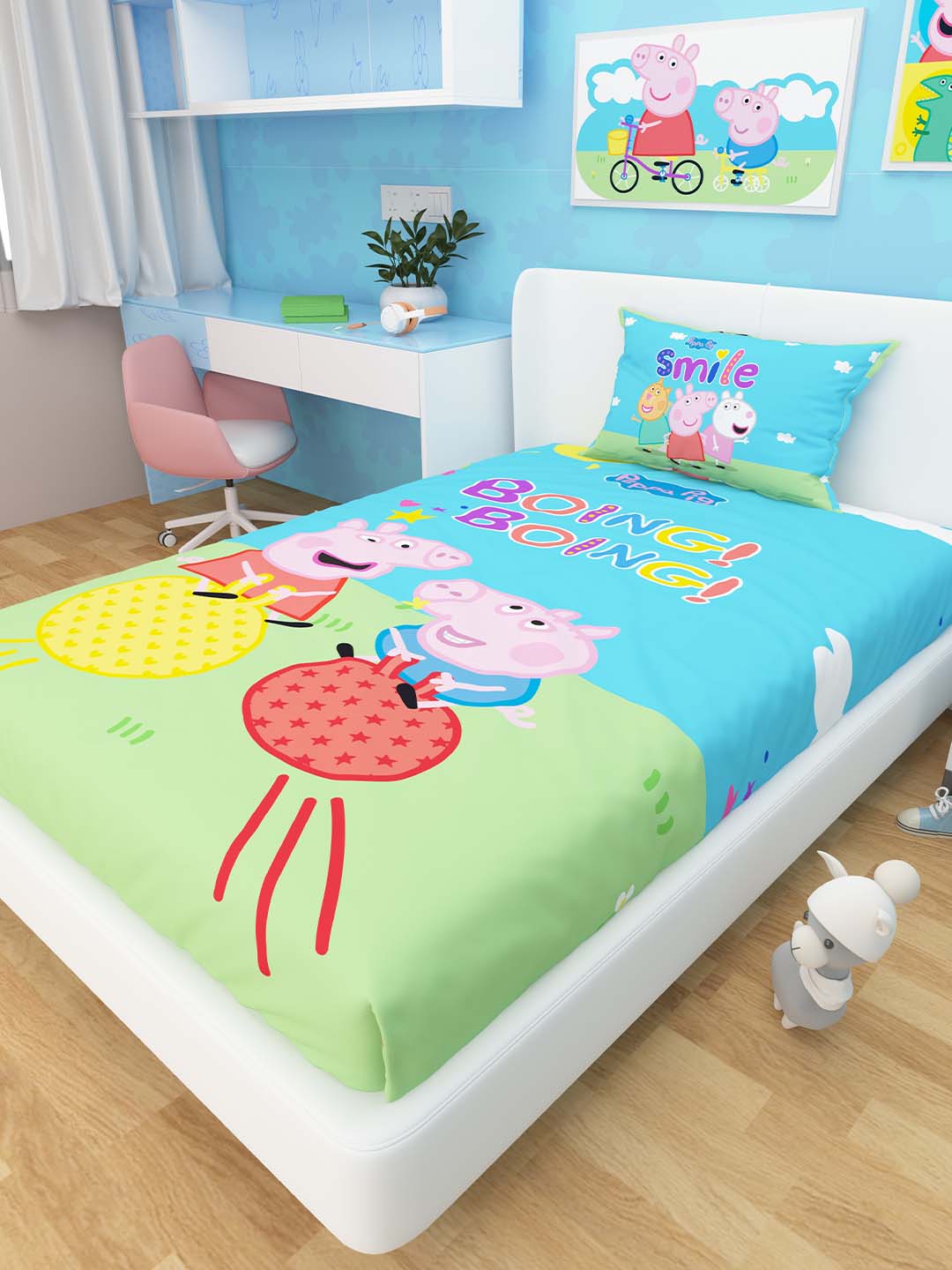 Soft and breathable Athom Living Peppa Pig kids cotton single bedsheet with pillow cover crafted for durability, colourful décor and cozy sleep, ideal for young fans who love fun bedding designs.