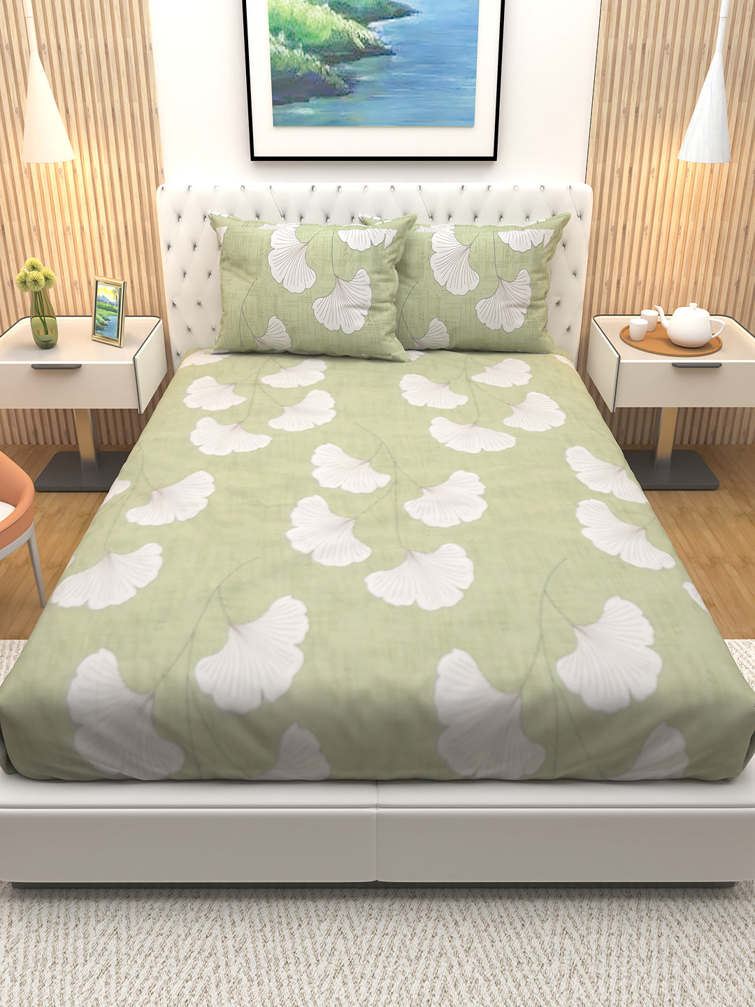 Soft and breathable cotton double bedsheet in green maple leaves design with 2 pillows, by Athom Living, ideal for a stylish, cozy, and comfortable bedroom.