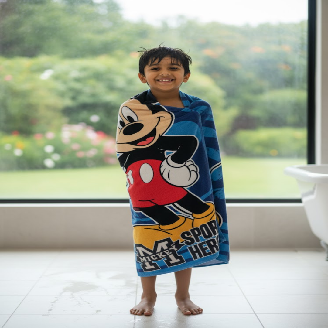 Soft and colorful Mickey Mouse Kids Bath Towel and Kids Runner Carpet Combo from Athom Living, designed for children, easy to wash, absorbent towel, anti-slip carpet, adds fun to any kids’ room.