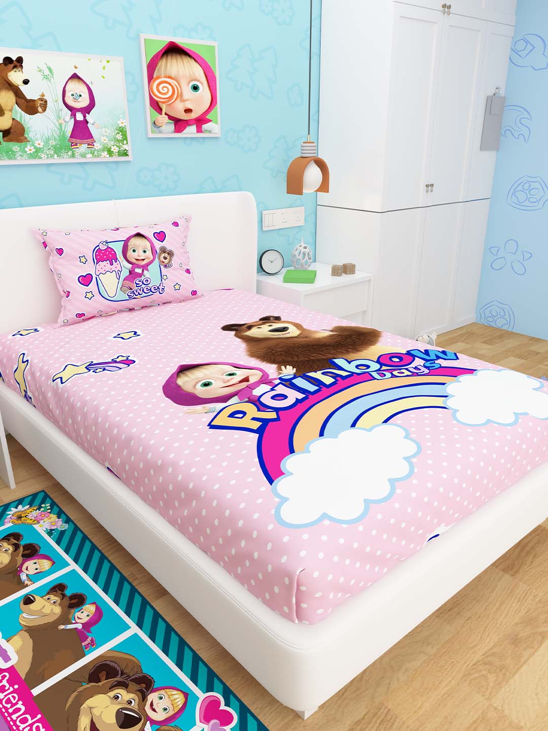 Soft and comfortable Rainbow Days Masha and The Bear kids single bedsheet with 1 pillow cover from Athom Living, designed to bring joy and vibrant colors to your child’s bed.