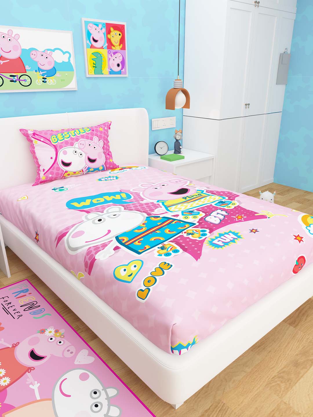 Soft and cozy Besties Peppa Pig cotton kids single bedsheet with 1 pillow cover by Athom Living, designed to make bedtime enjoyable for your little one with playful designs.