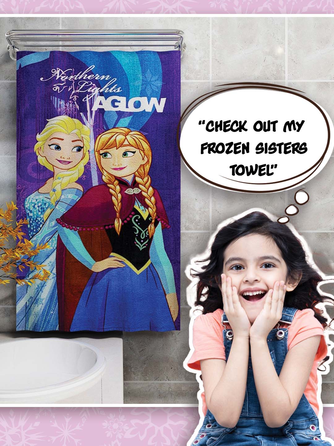 Soft and cozy Disney Frozen Kids Cotton Bath Towel 350 GSM 60x120 cm, colorful bath towel featuring Northern Lights AGLOW print, ideal for kids after bath or swimming.