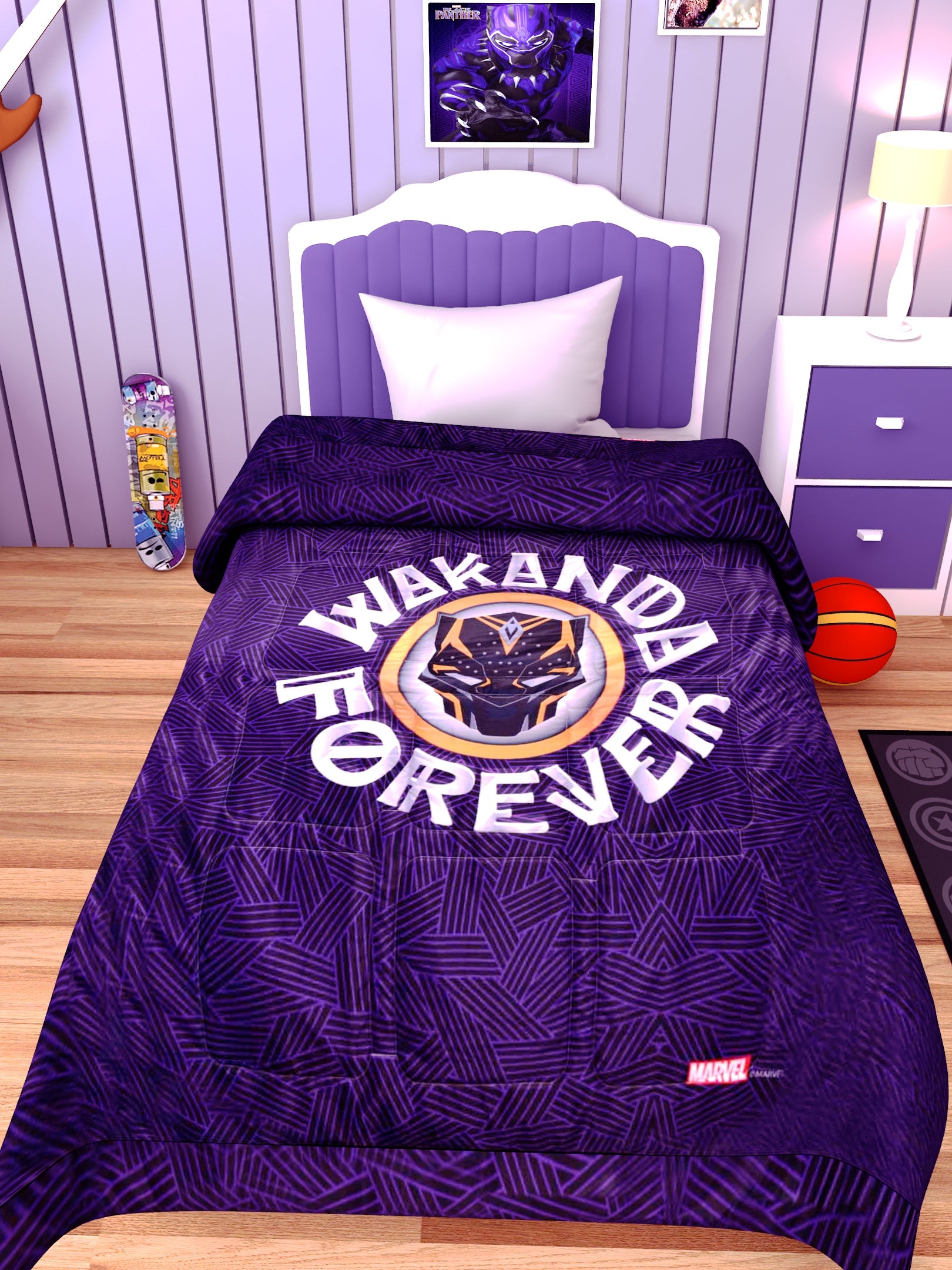 Soft and cozy Marvel Wakanda Forever kids comforter, perfect for all seasons, keeping your child warm while adding superhero style to the room.