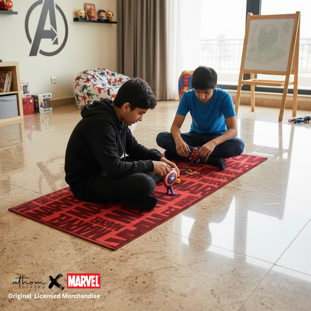 Soft and durable Red Marvel kids runner carpet (60x140 cm) by Athom Living, designed to brighten playrooms and bedrooms while offering a cozy surface for kids to enjoy daily adventures.