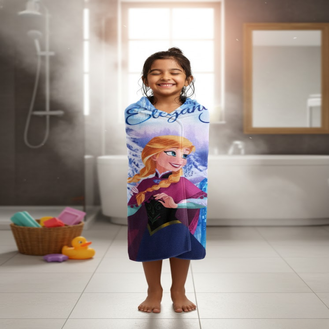 Soft and durable kids bath towel and kids carpet featuring Disney Frozen Elsa, designed by Athom Living for a cozy and playful bathroom or bedroom experience.