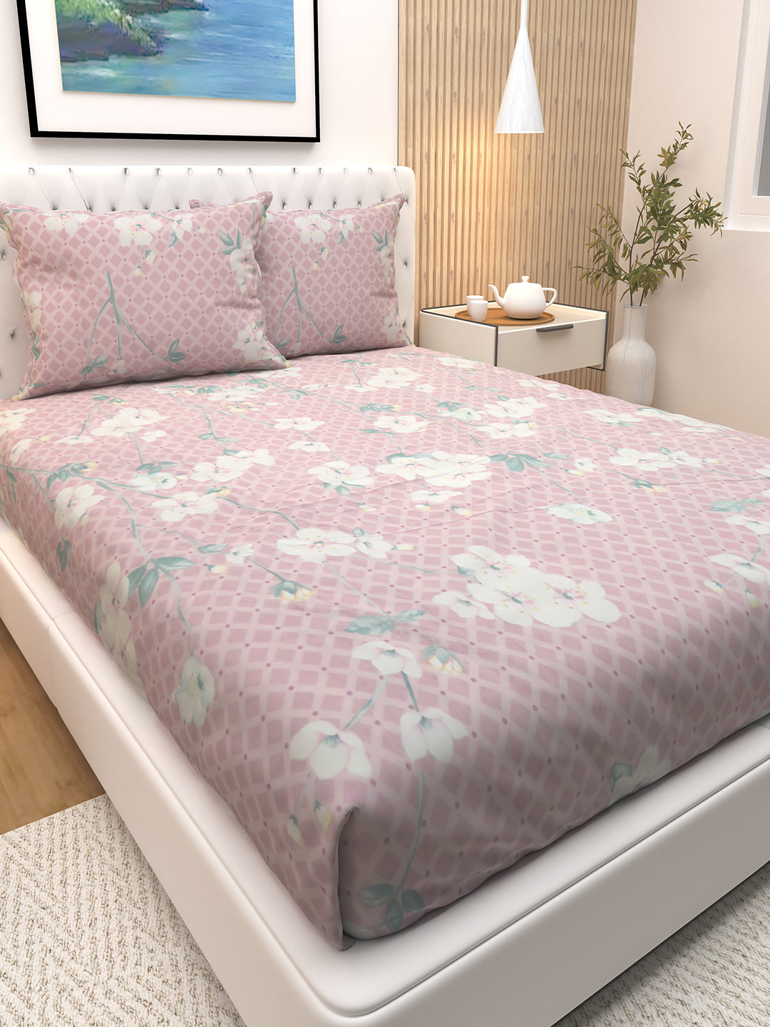 Soft and high-quality Bloom Pink Floral bedsheet with 2 pillows by Athom Living, perfect for double beds, offering comfort and style while brightening up your bedroom with a floral design.