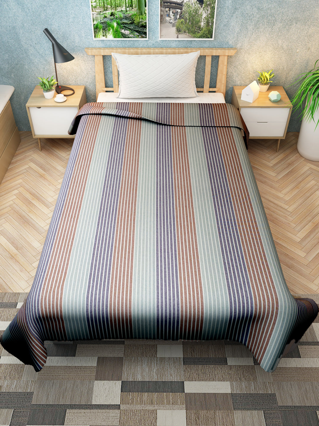 Soft and lightweight chaddar by Athom Living in purple & brown stripes, perfect for all seasons, adding comfort and elegance to your bedroom with breathable cotton fabric.