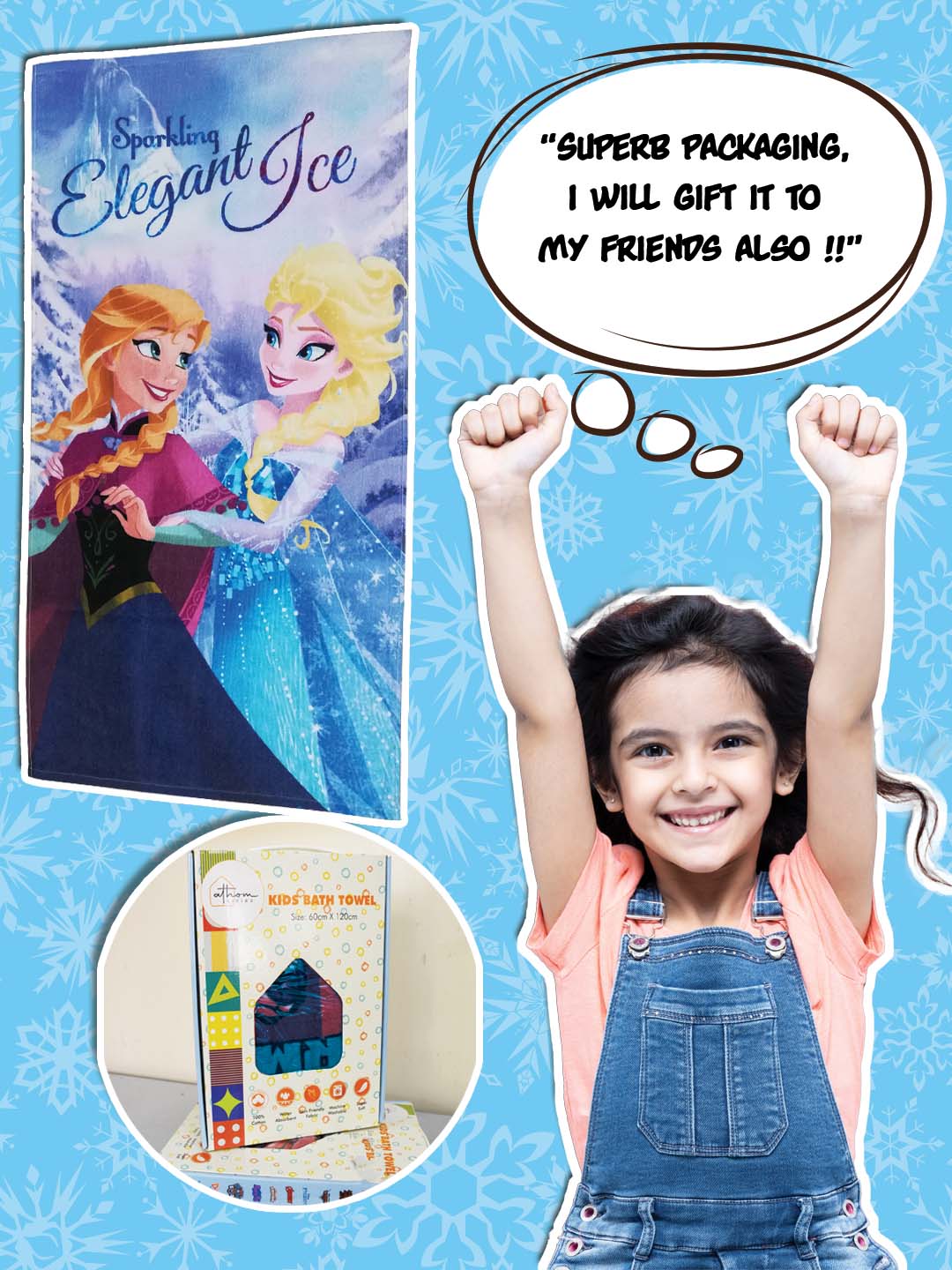 Soft and luxurious Disney Frozen cotton kids bath towel, 350 GSM fabric ensures quick dry and comfort. Vibrant Frozen print, size 60x120 cm for kids.