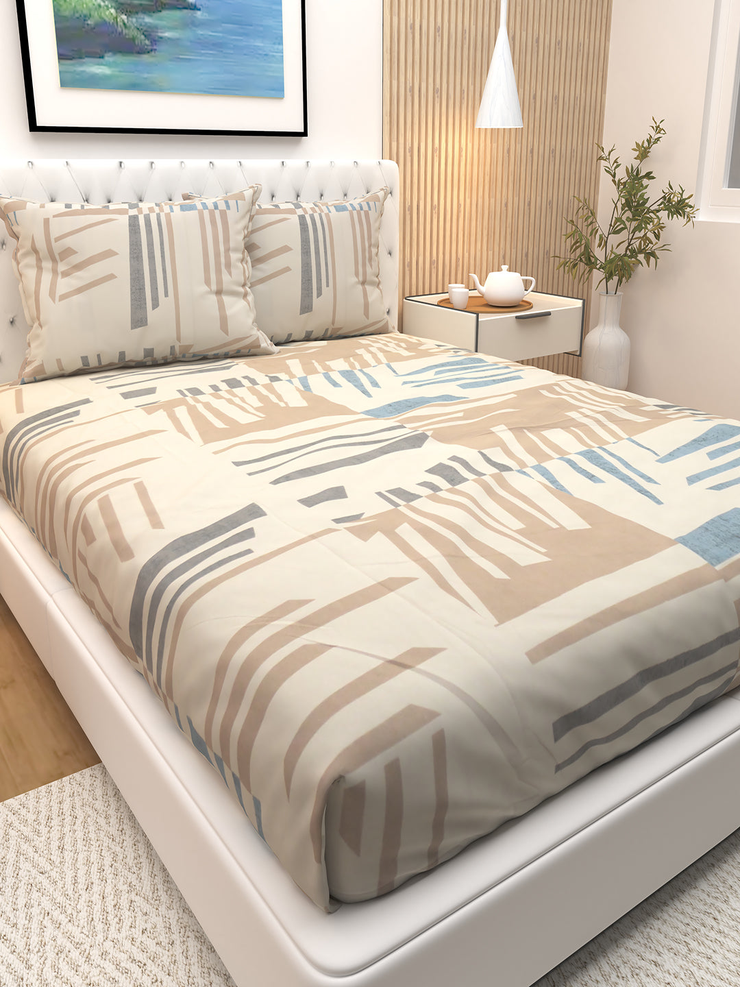Soft and luxurious Premium Magno Cream Abstract bedsheet with 2 pillow covers by Athom Living, designed to enhance bedroom decor, providing cozy comfort and a stylish, modern look.