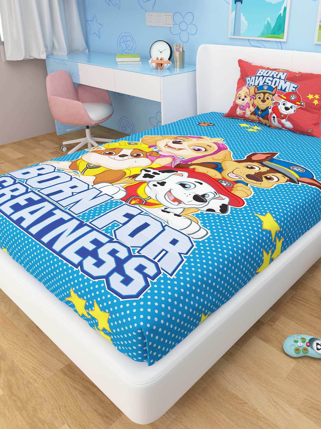 Soft and stylish Born For Greatness Paw Patrol kids single bedsheet with 1 pillow cover and runner carpet, ideal for children, adding fun and comfort to their bedroom by Athom Living.