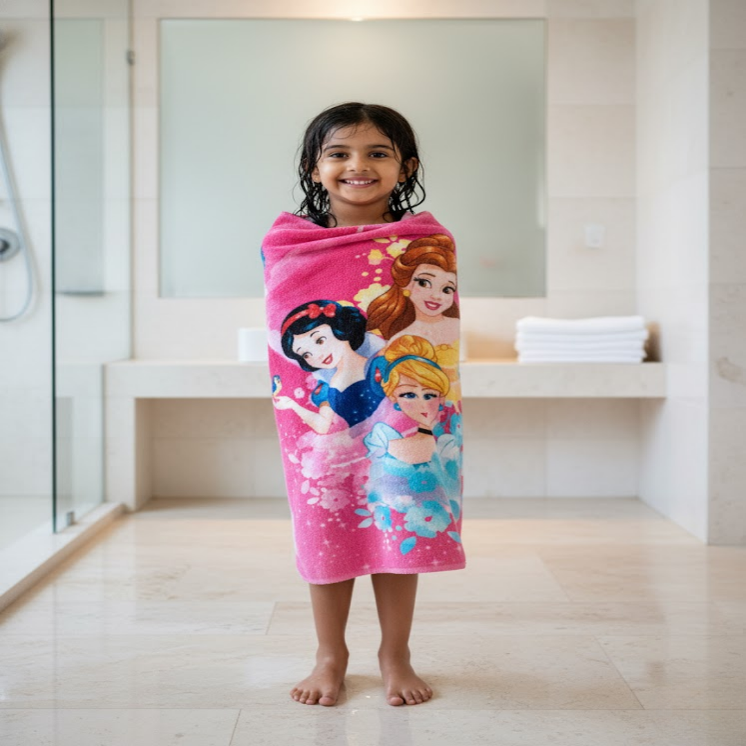 Soft and vibrant Disney Princess Friends themed kids bath towel and kids runner carpet set by Athom Living, ideal for adding fun and comfort to your child’s bathroom space.