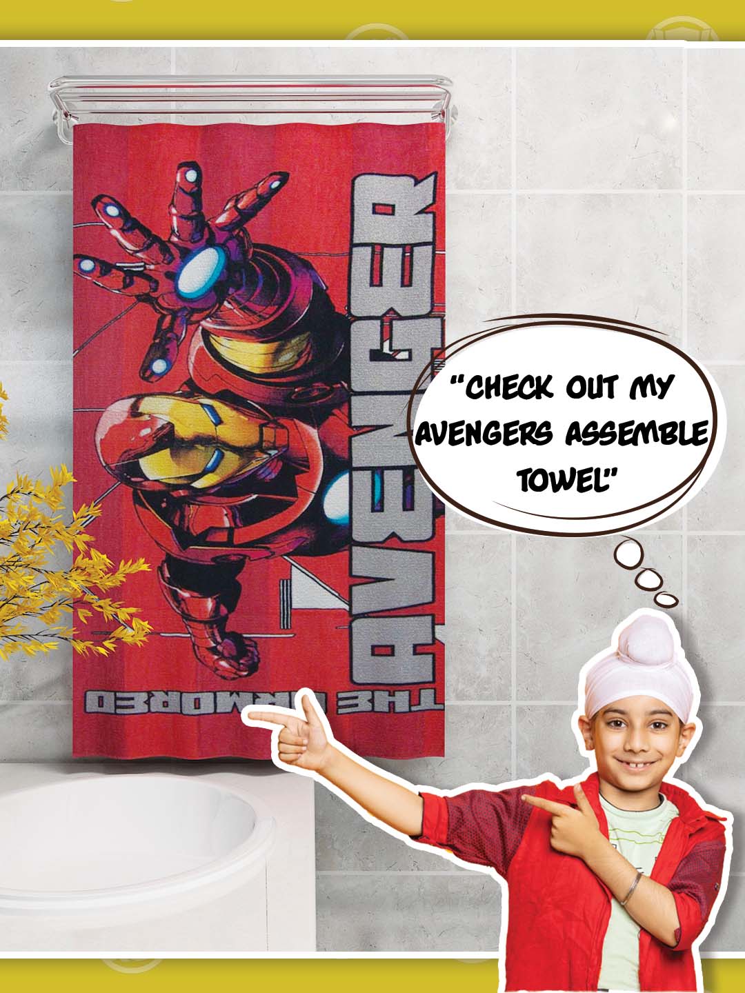 Soft and vibrant Marvel Red Avengers kids bath towel, 350 GSM cotton, 60x120 cm, designed for comfort, durability, and superhero fans, making every bath time playful and cozy.