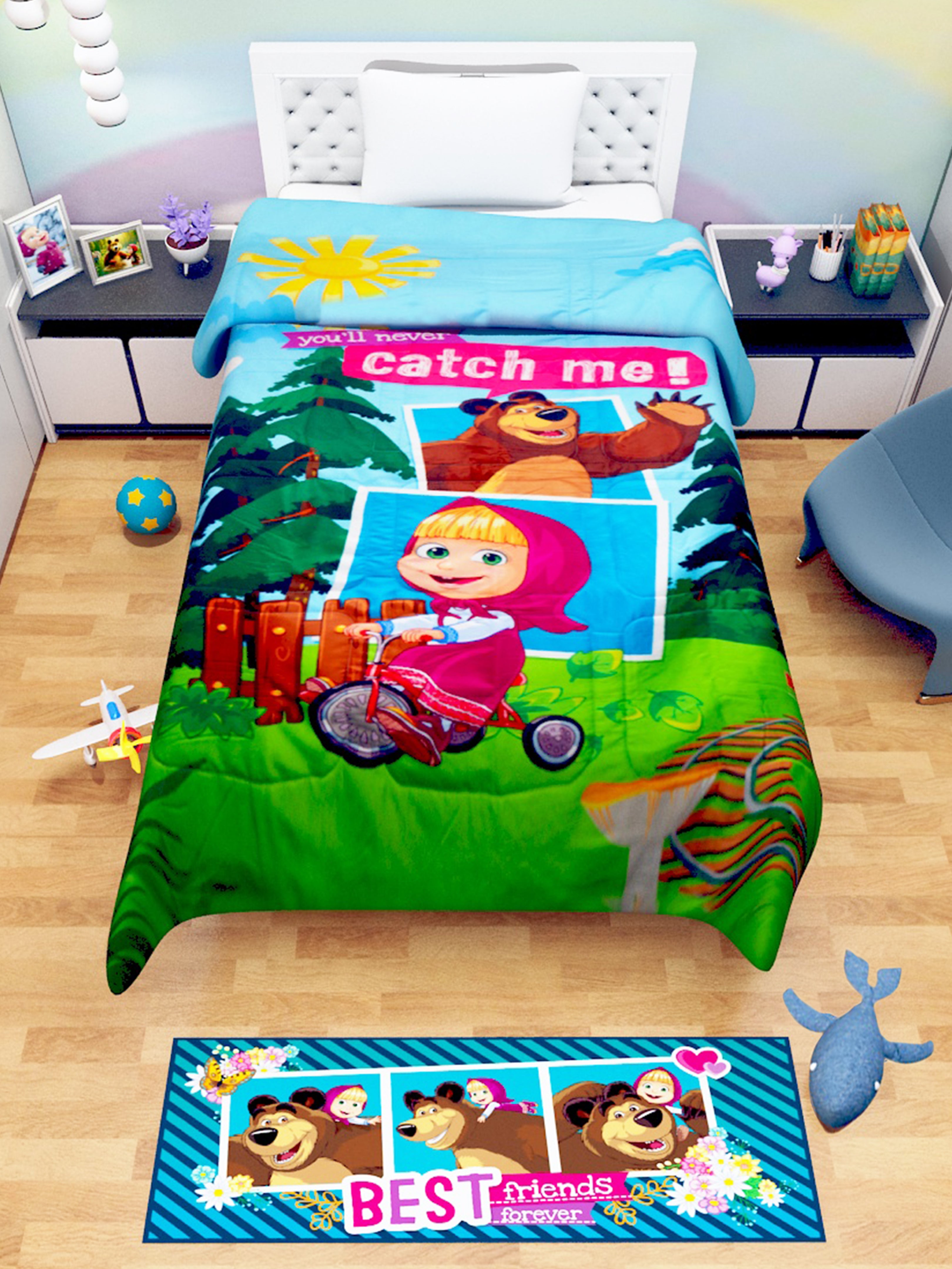 Soft and vibrant Masha & The Bear kids comforter – Single, “You Will Never Catch Me” by Athom Living, ideal for cozy bedtime and playtime.