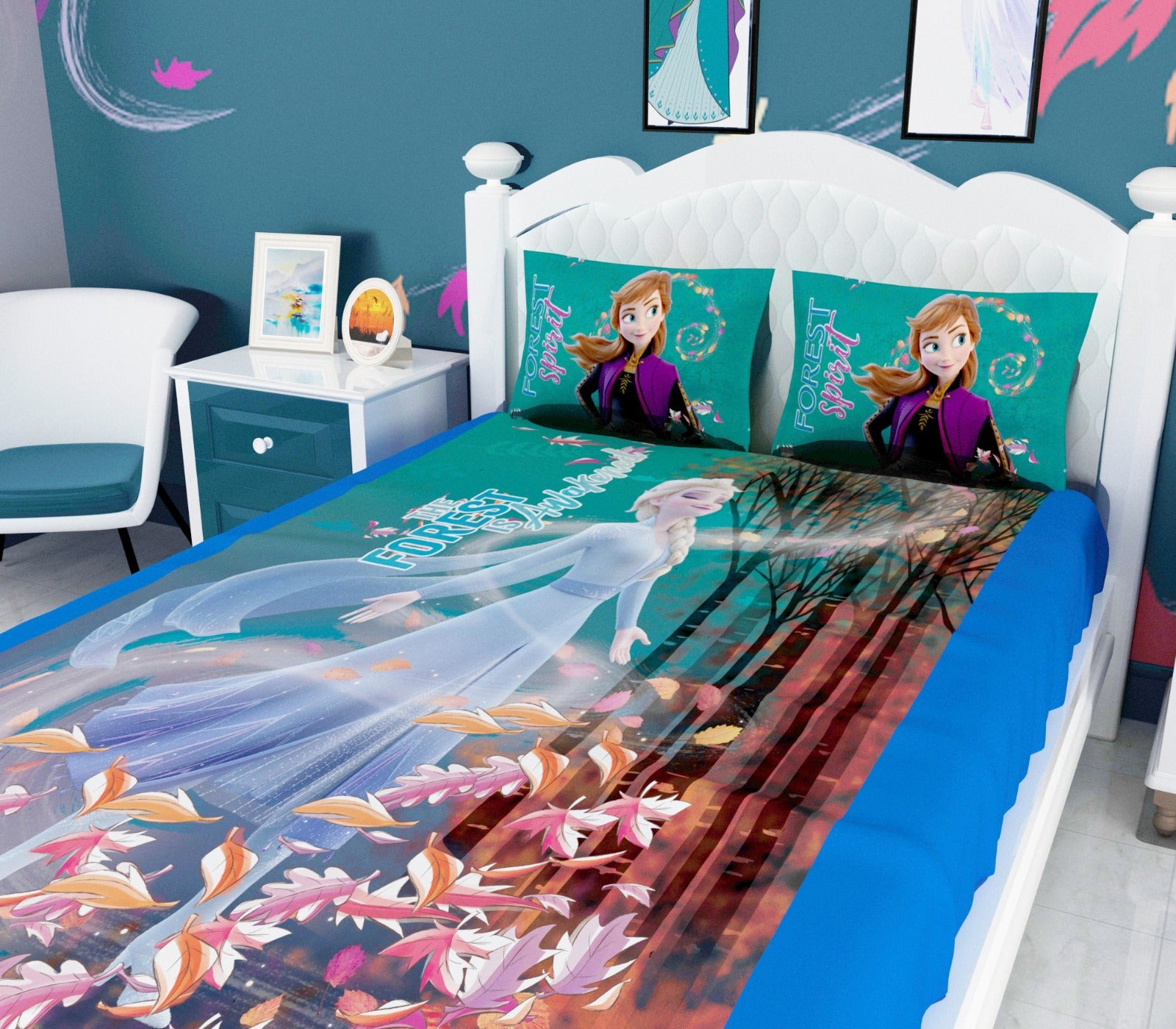Soft cotton Frozen Forest Adventure kids bedsheet set with 2 pillow cover featuring adorable forest characters, ideal for double beds and adding fun, comfort, and warmth to your child’s space.