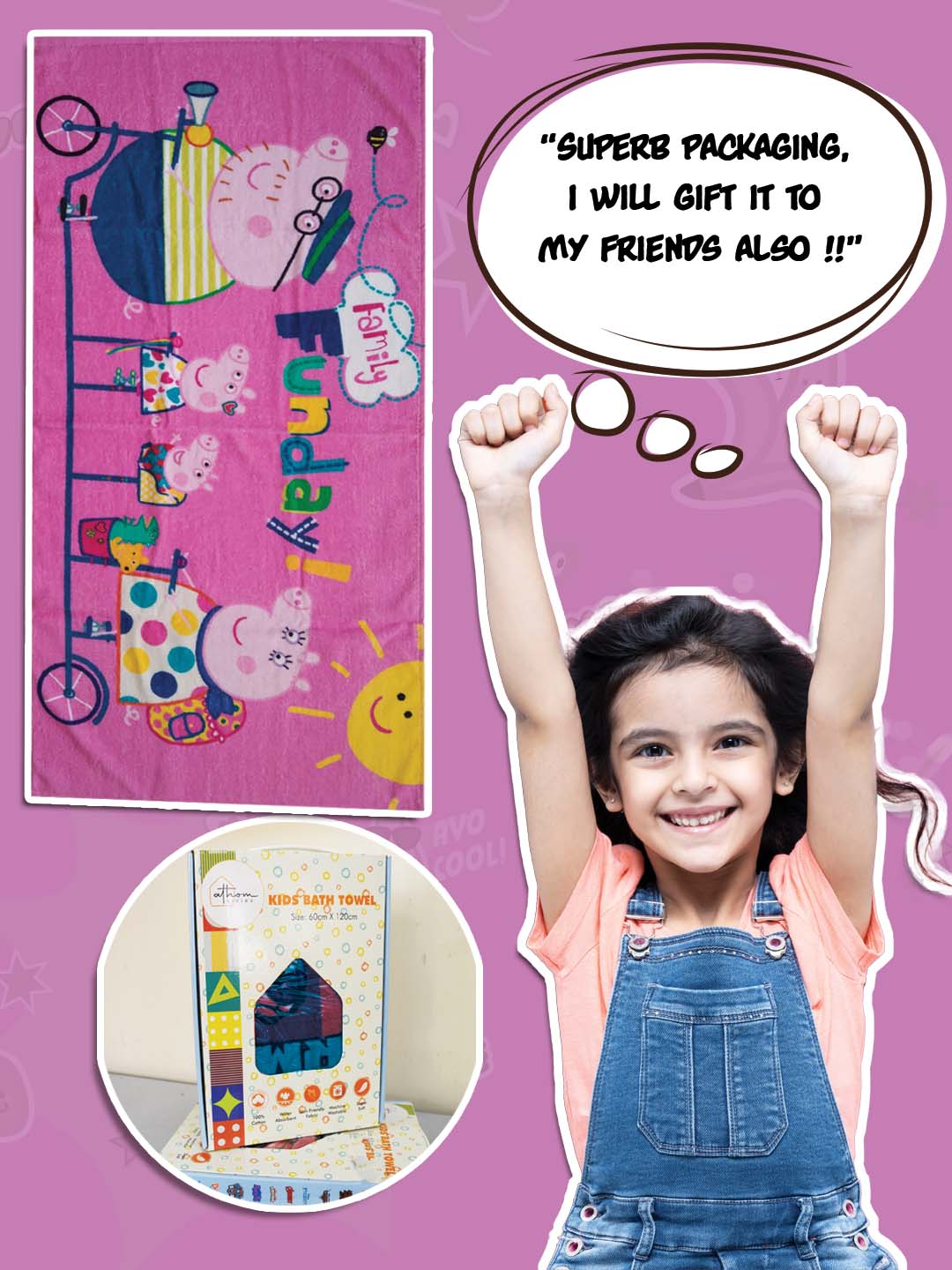 Soft cotton Peppa Pig bath towel for kids, 350 GSM, 60x120 cm, absorbent, lightweight and perfect for bath or swim.