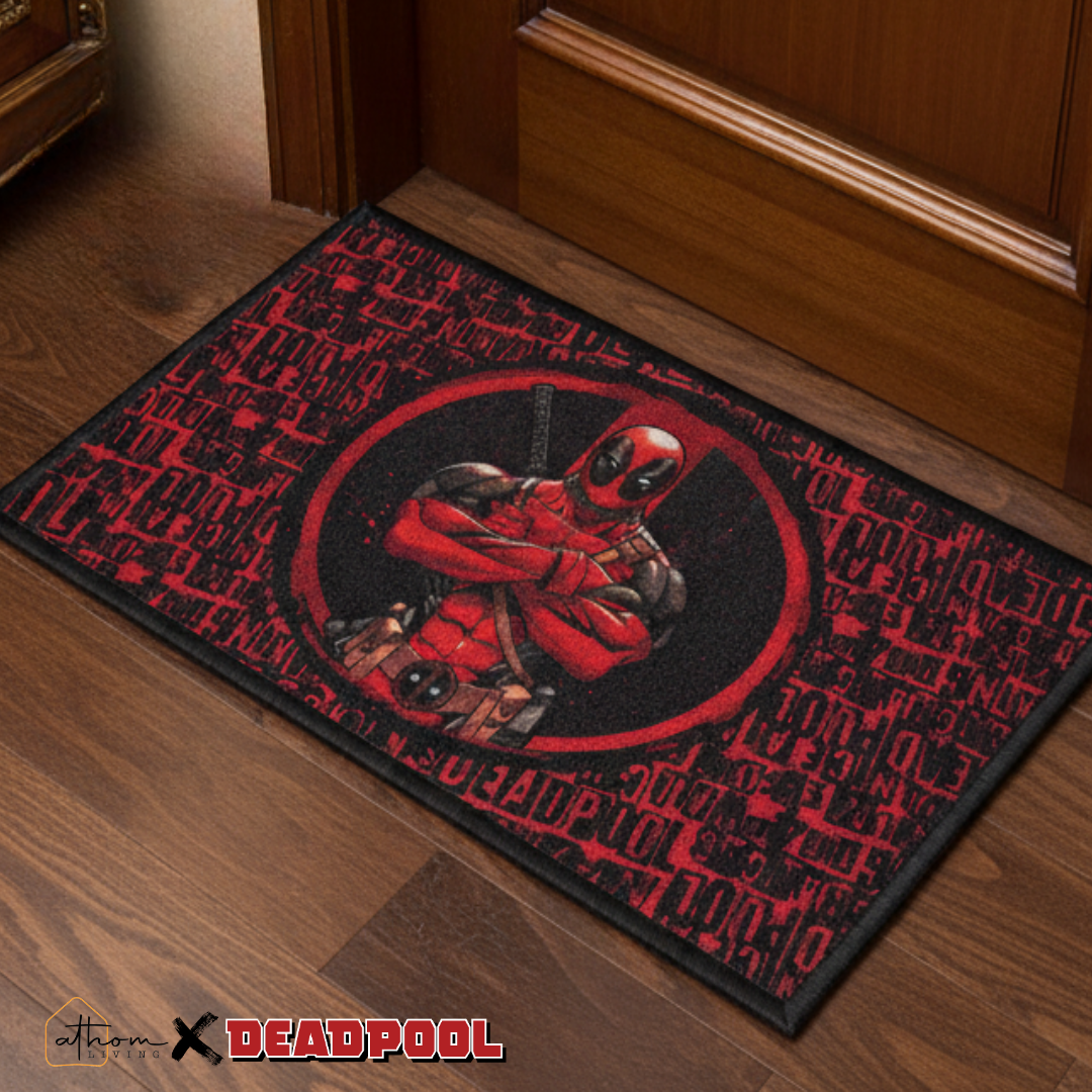 Stylish Marvel Deadpool Anti Skid kids Doormat by Athom Living designed with striking graphics, durable build, safe anti-slip backing, ideal for kids spaces and playful home entrances.xxxxx