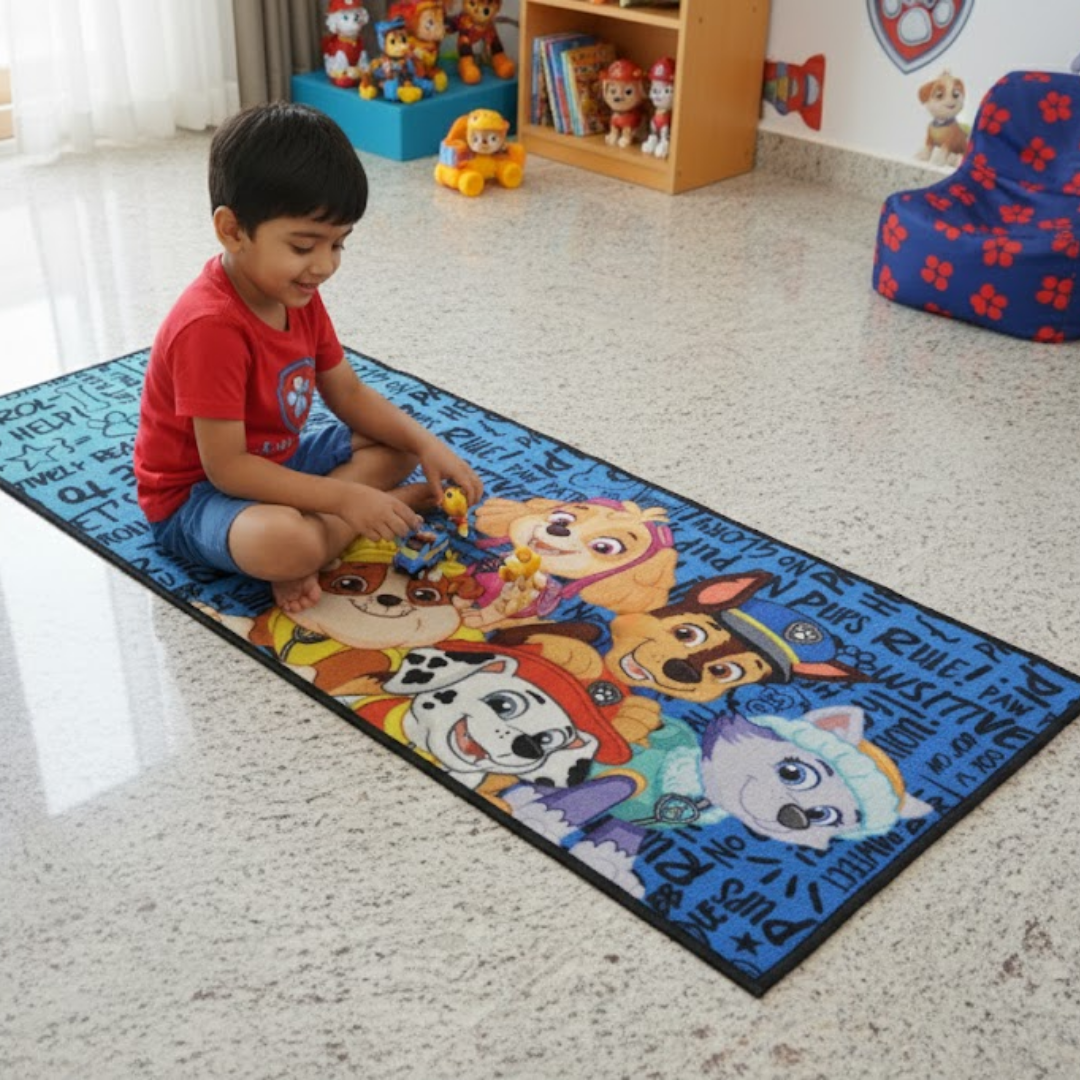 Stylish Paw Patrol blue kids runner carpet by Athom Living, designed with beloved cartoon heroes, soft fabric, and perfect size for hallways or kid’s rooms, enhancing safety and interior charm.