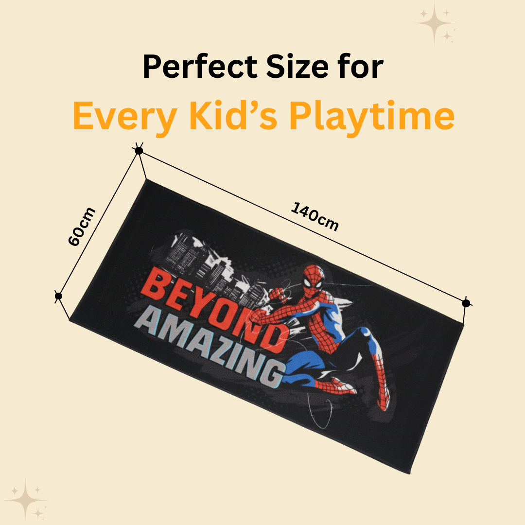 Stylish Spiderman themed runner carpet by Athom Living showcasing bold superhero artwork, a soft and durable runner carpet that brings comfort and charm to hallways, kids’ rooms and play spaces.