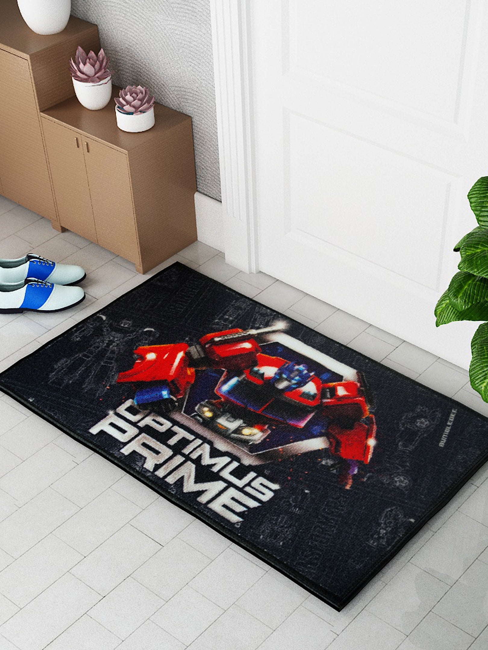 Stylish Transformers Kids Doormat featuring Optimus Prime design, Medium size 37x57 cm, soft Printed Nylon with Anti-Skid Latex Backing by Athom Living.