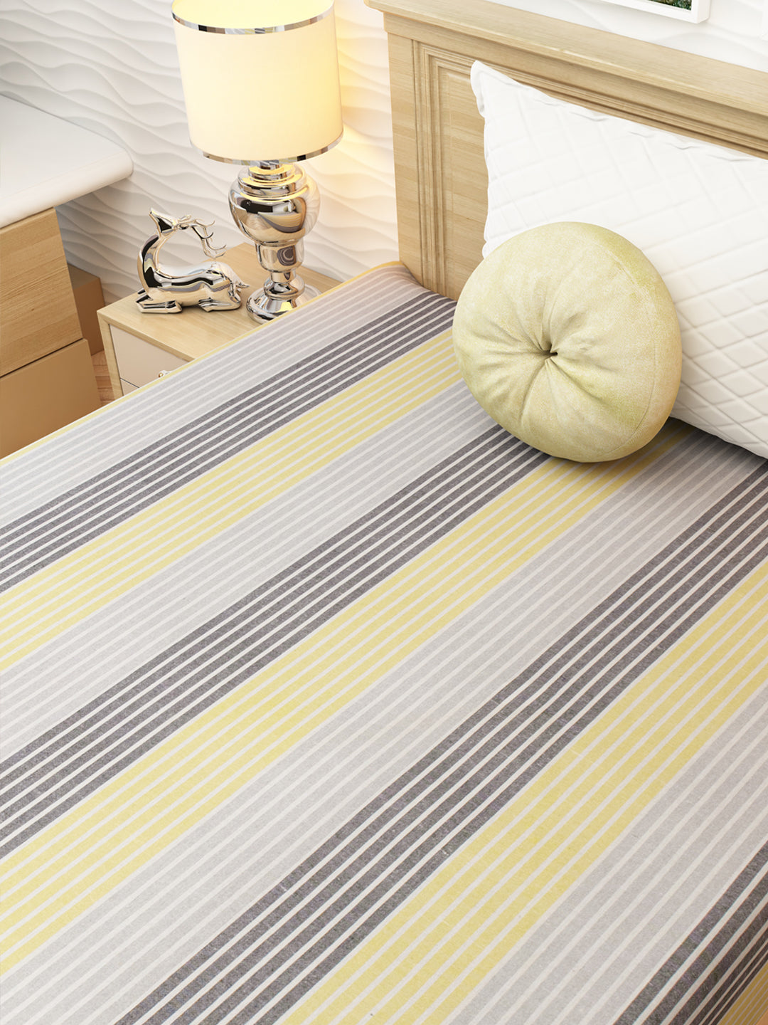 Summer-ready Athom Living chaddar in soft cotton, featuring stylish yellow and grey stripes. Lightweight chaddar perfect for comfortable sleep all year round.