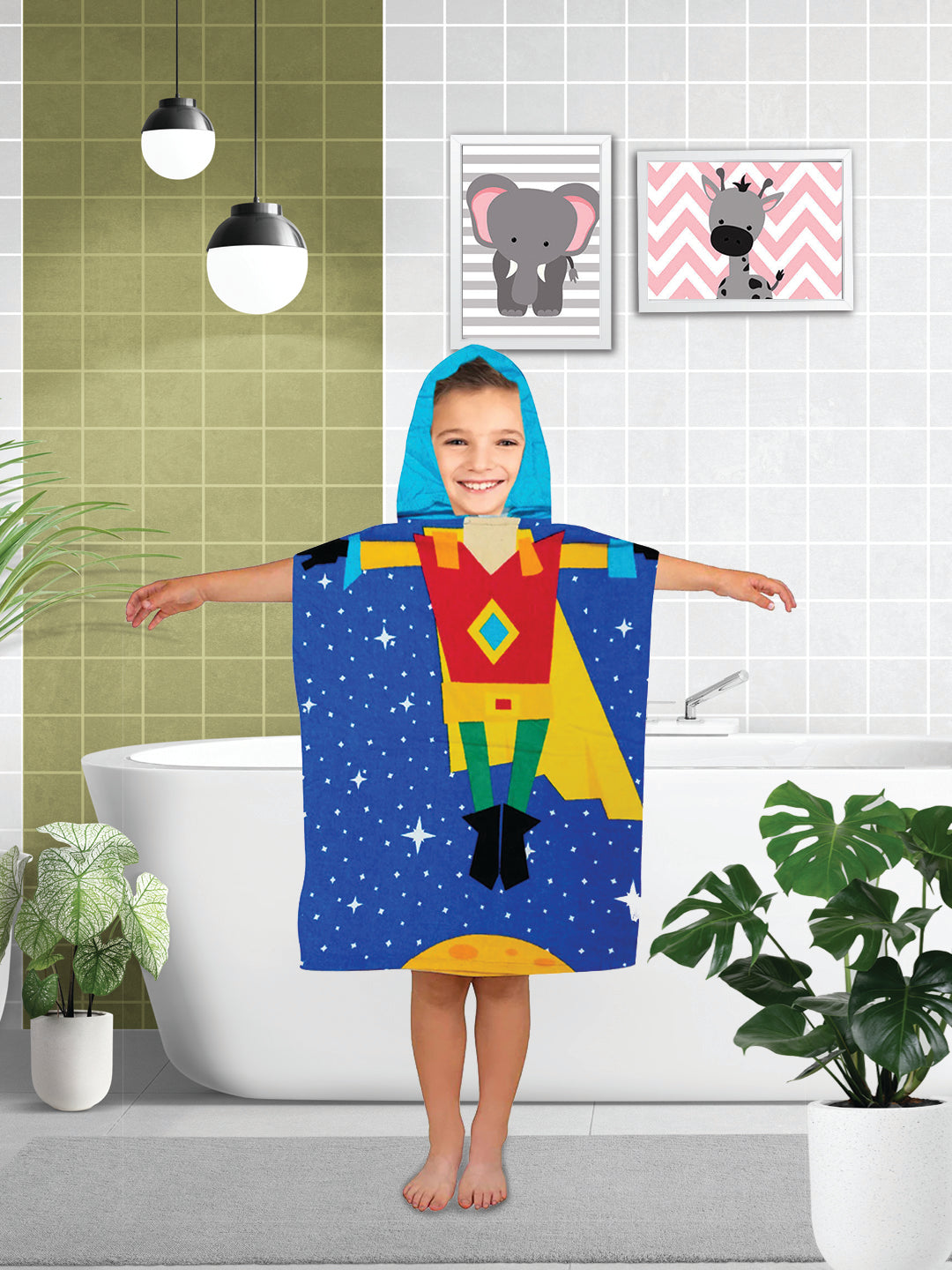 Super Hero Kids Hooded Bath Towel Poncho 60x120 cm by Athom Living designed for comfort and quick drying, featuring vibrant prints ideal for Kids Hooded Poncho Towels collections for everyday bathing fun.