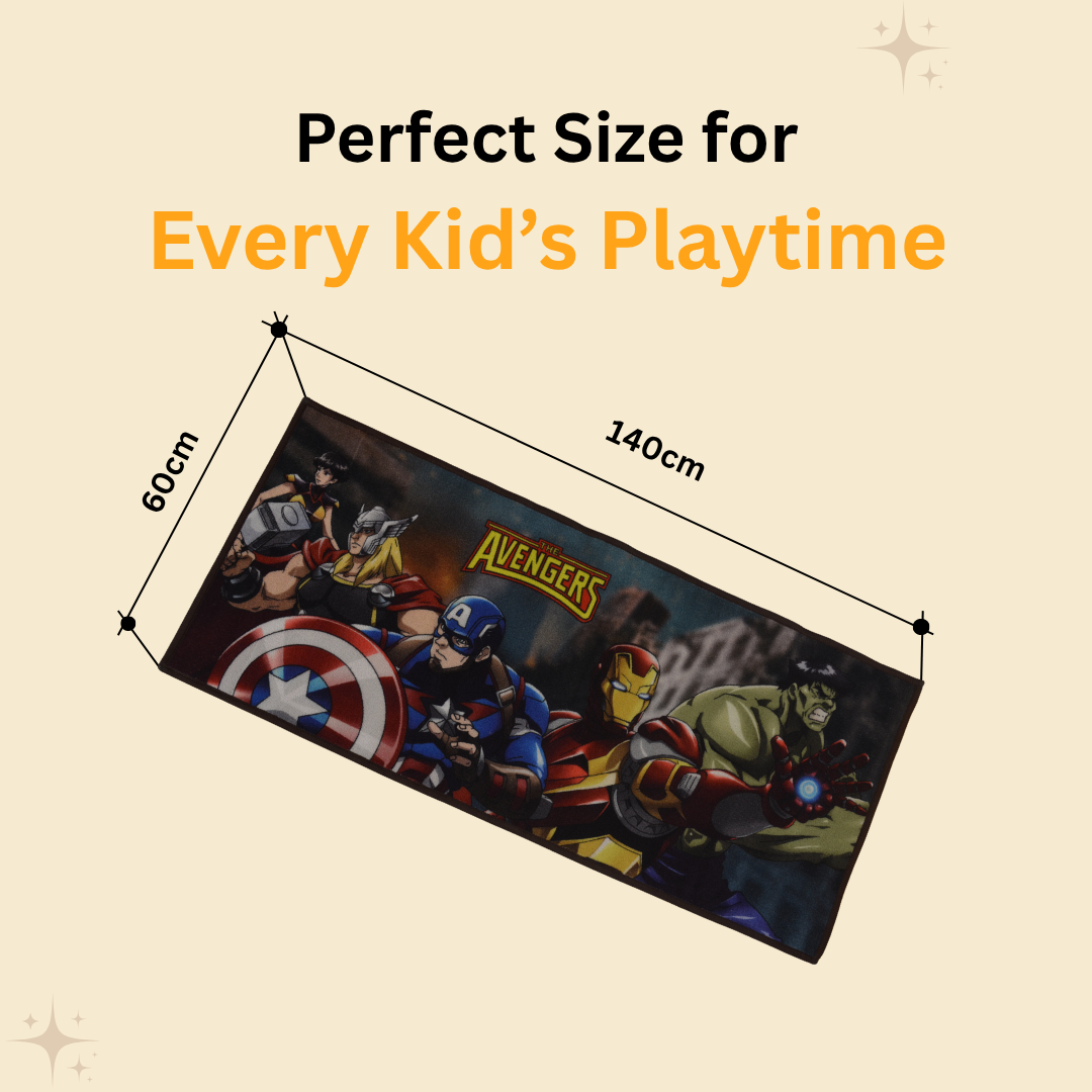 Superhero-themed Avengers kids runner carpet featuring Iron Man, Spider-Man, and Hulk, perfect for kids’ rooms, providing a fun, vibrant, and comfortable floor space.