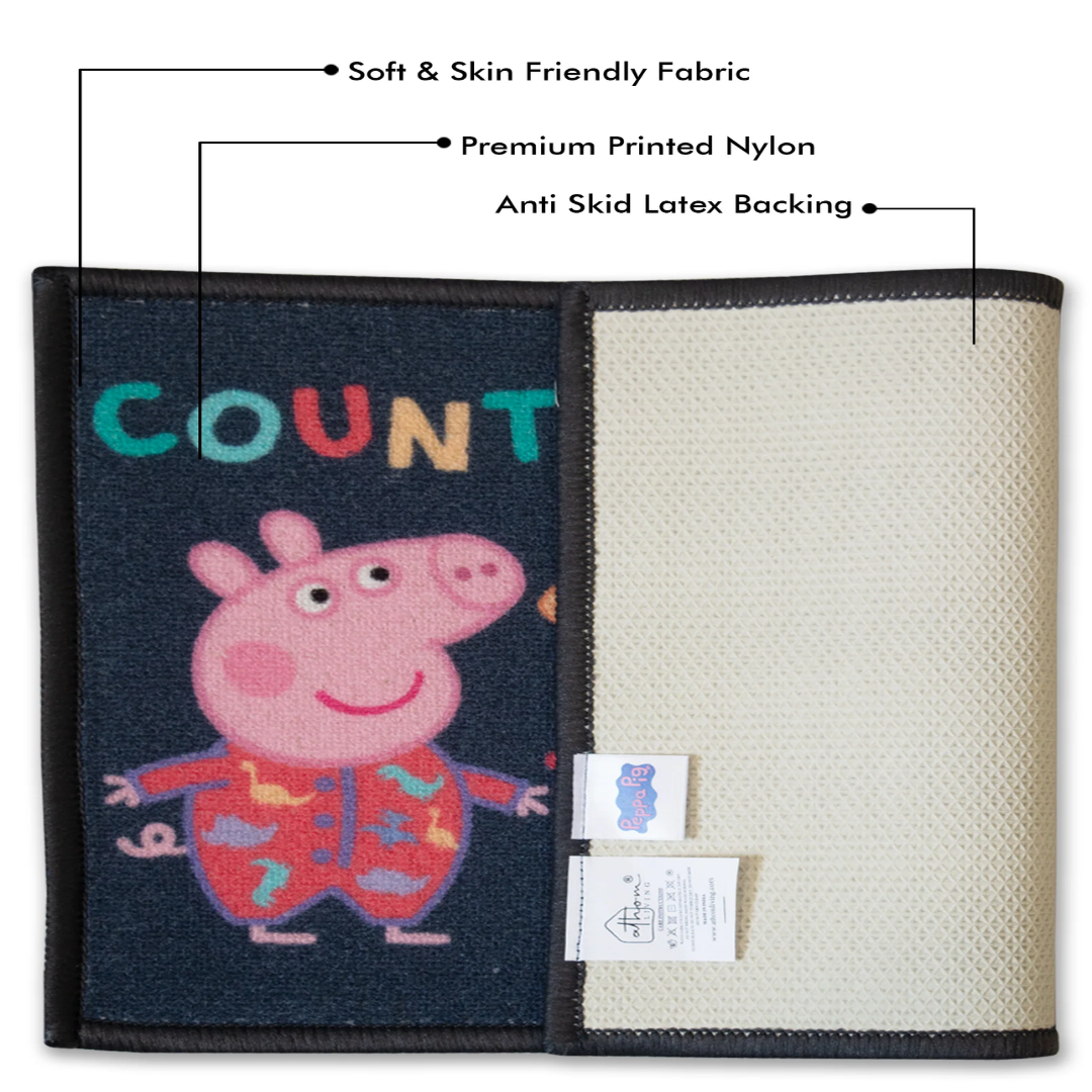 This Peppa Pig anti-skid kids door mat by Athom Living adds a cheerful touch to any room, featuring Peppa and friends with the quote “Let’s put our foot on! Time to play” for joyful décor.