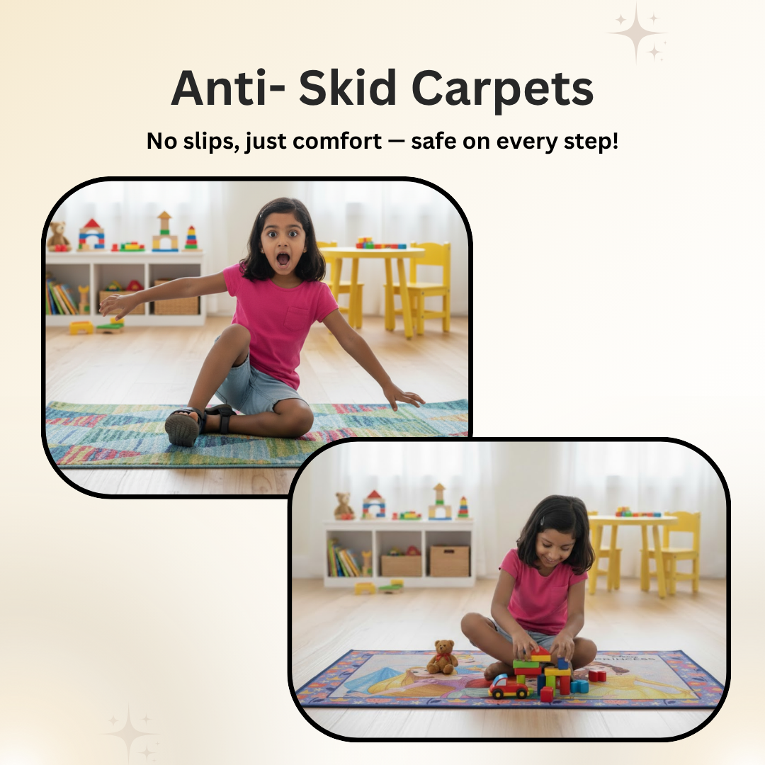 Top view of a Disney Princess carpet showing charming princess designs and vibrant colors. The 90x150 cm carpet is ideal for adding warmth and style to any kids’ bedroom.