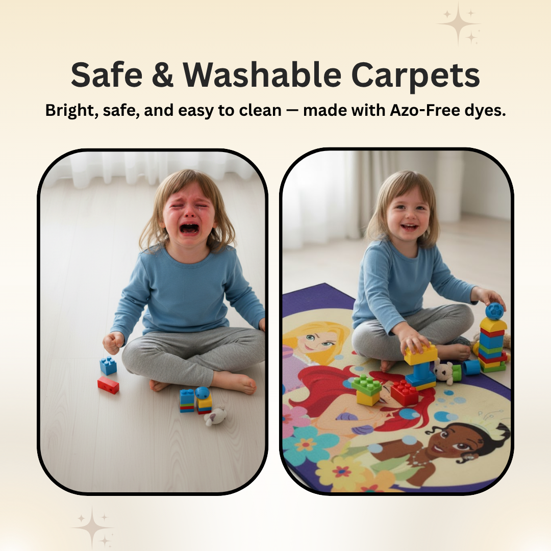 Transform kids’ spaces with this Disney Princess themed carpet by Athom Living, featuring bright princess graphics, soft fabric, and durable backing for a charming and long-lasting carpet.