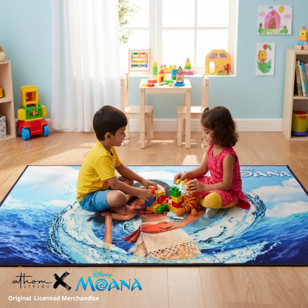 Transform your child’s room with the Moana themed carpet by Athom Living. Soft, vibrant, and 90x150cm in size, this carpet creates a playful and magical space for kids to enjoy.