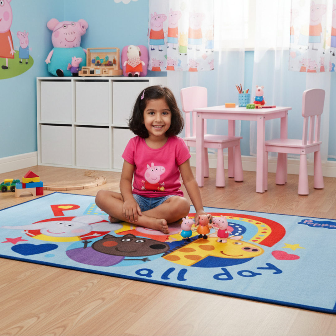 Transform your child’s room with this Peppa Pig carpet by Athom Living. Measuring 90x150cm, the carpet is soft, colorful, and fun, making playtime safe and enjoyable for kids.