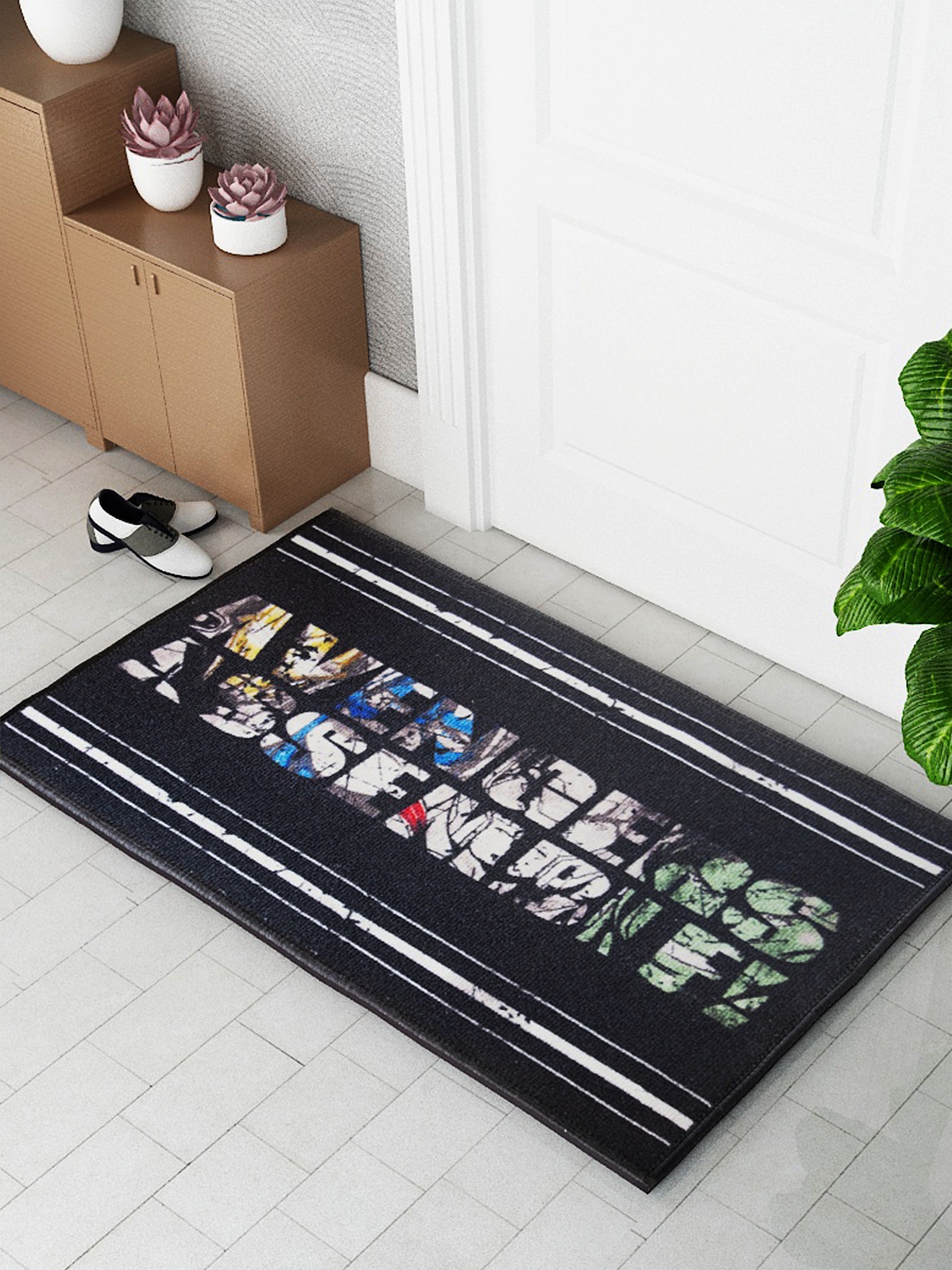 Vibrant Athom Living Marvel Avengers Assembled kids doormat in multicolor, featuring anti-skid latex backing, durable nylon surface, ideal for children’s rooms, 37 x 57 cm, pack of 1.