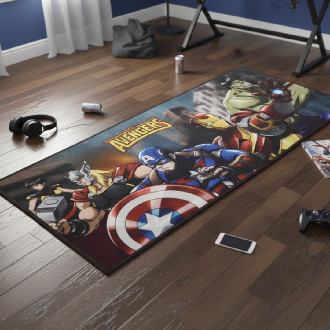 Vibrant Avengers themed kids runner carpet featuring Iron Man, Captain America, and Hulk, perfect for playrooms or bedrooms, adding fun, color, and superhero excitement to any kid’s space.