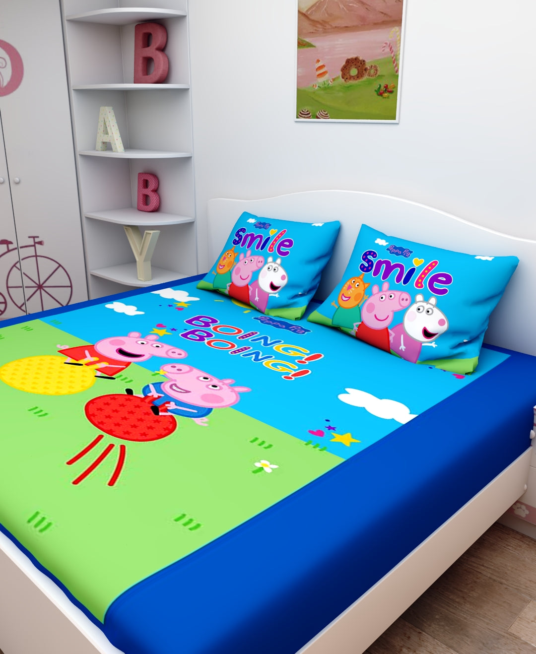 Vibrant Boing Boing Peppa Pig kids Cotton Double Bedsheet Set featuring colorful cartoon prints, crafted in soft cotton for comfort, perfect for brightening kids’ bedrooms with two matching pillow covers.