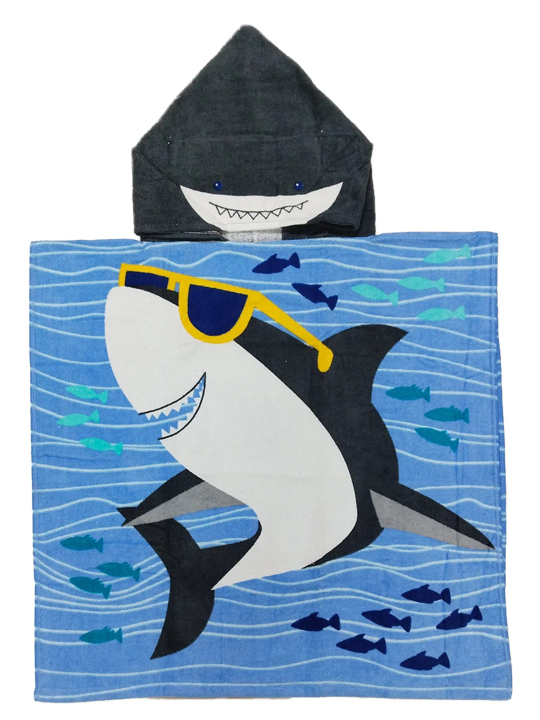 Vibrant Cool Baby Shark Kids Hooded Poncho Towels from Athom Living, crafted with soft cotton, ensuring gentle drying and a playful ocean print ideal for kids at home, beach, or pool.