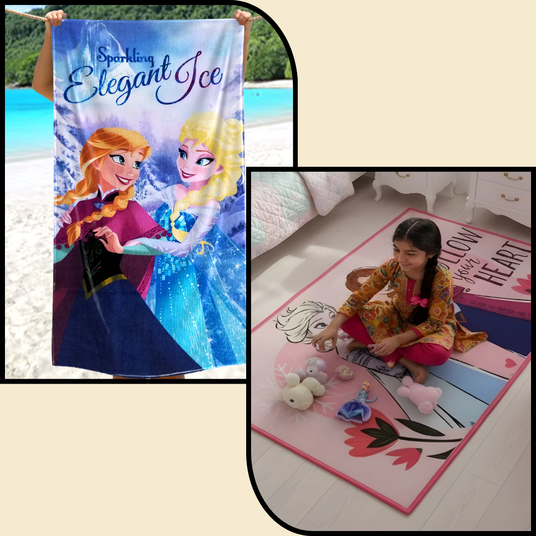 Vibrant Disney Frozen kids bath towel and kids carpet combo-pack of 2 by Athom Living, perfect for adding fun and comfort to your child’s bathroom and play area.