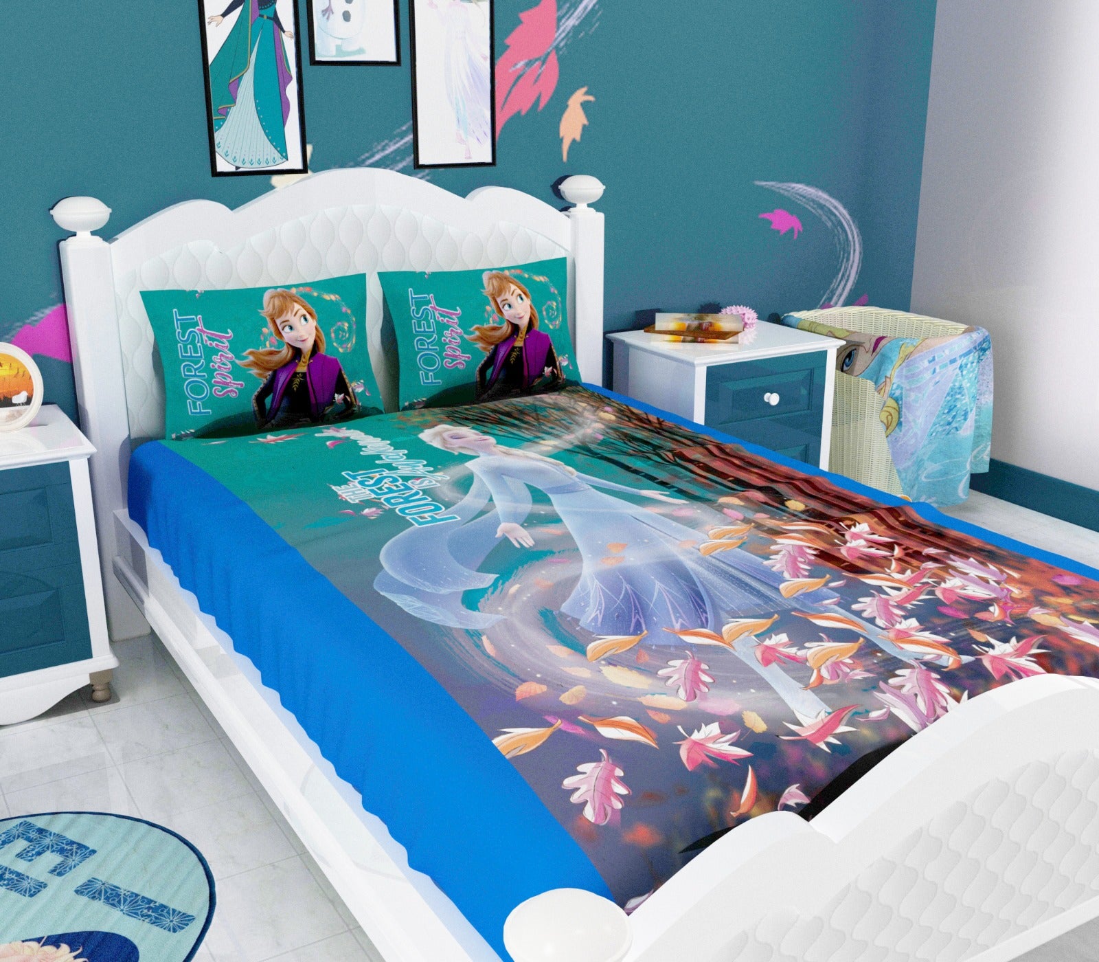 Vibrant Frozen Forest Adventure kids bedsheet set with 2 pillow cover crafted in premium cotton, showcasing playful forest elements to enhance any kids’ bedroom décor with color and imagination.