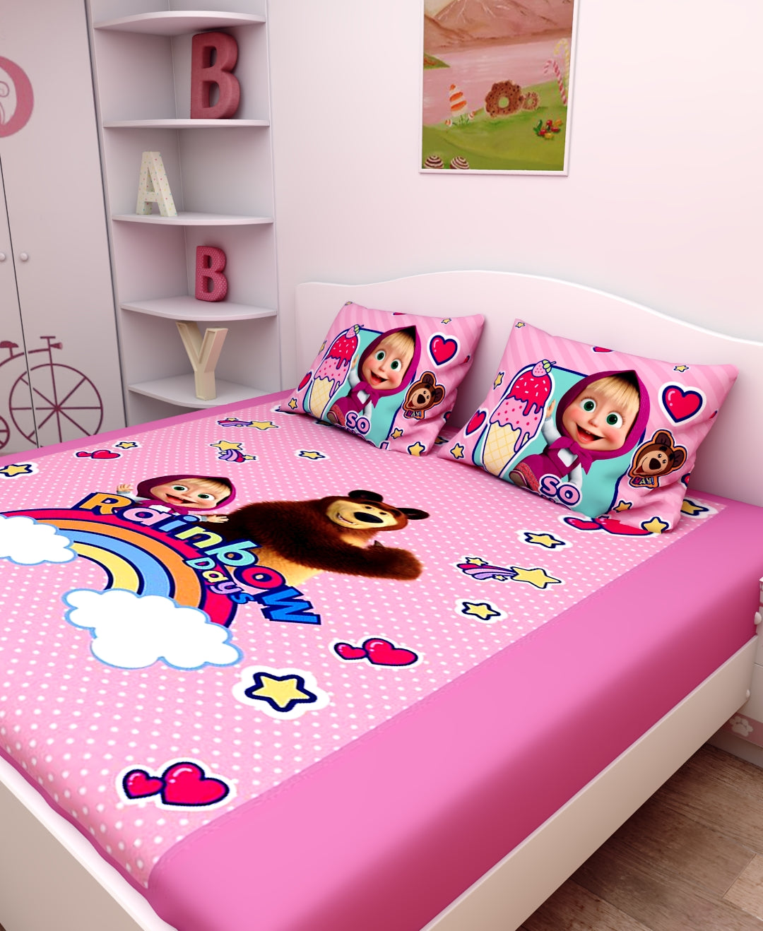 Vibrant Masha and The Bear design on this Rainbow Bags kids double bedsheet with 2 pillow cover from Athom Living, crafted in soft cotton to add comfort, charm, and playful style to your child’s bedding.