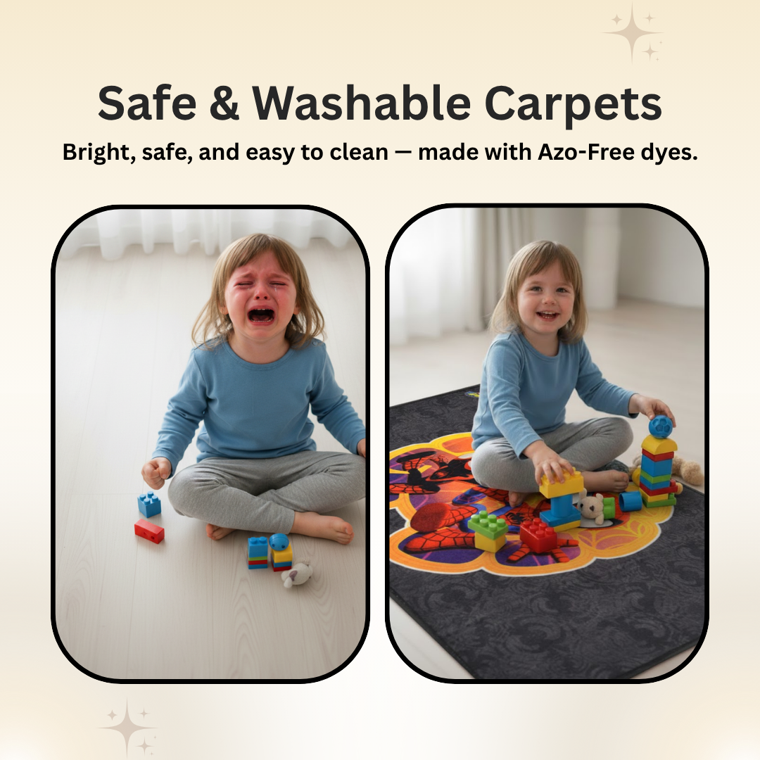 Vibrant Mini Spidey carpet for kids, 90x150cm, crafted from high-quality materials, ideal for bedrooms and play areas, combining durability with playful charm.