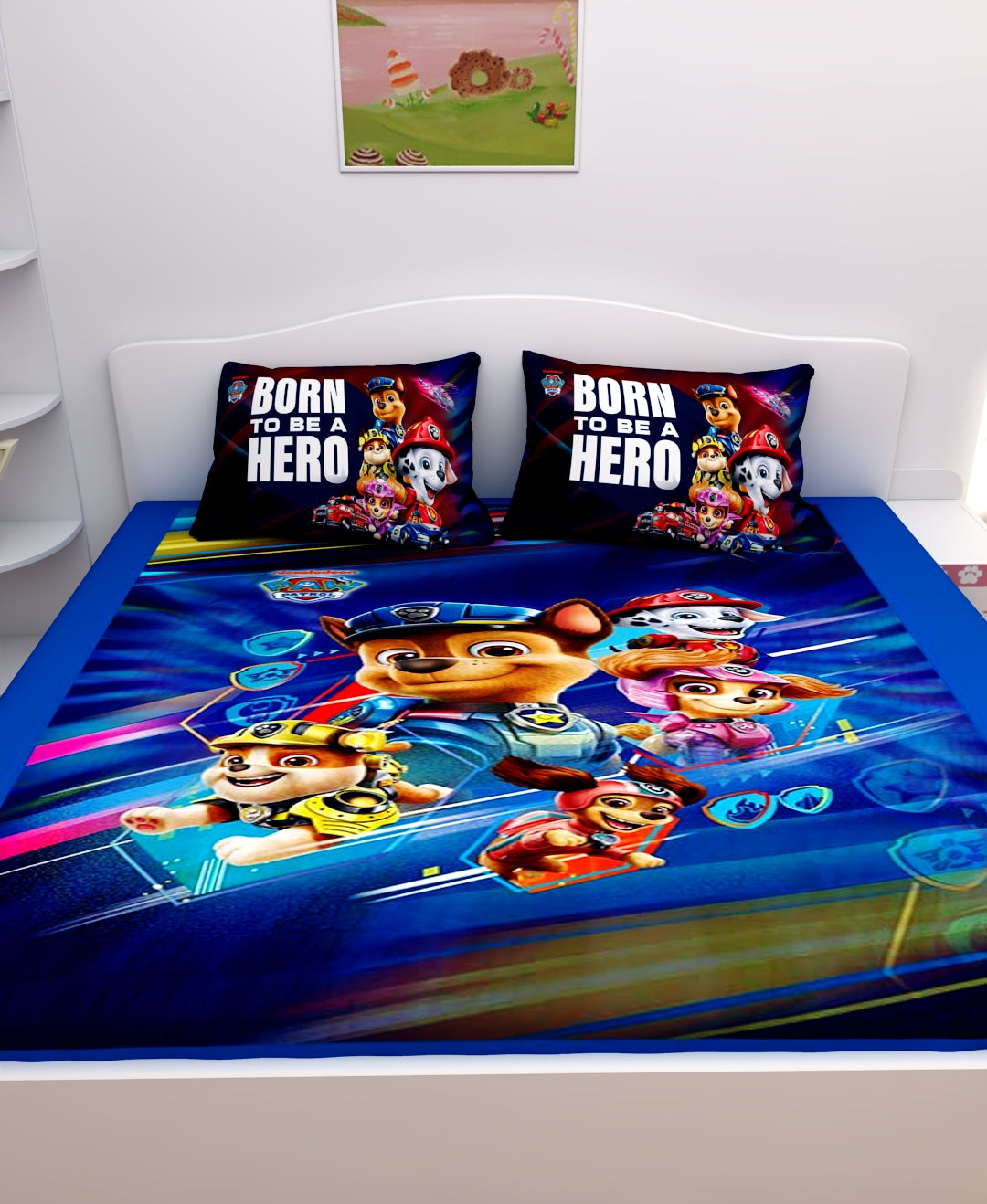 Vibrant Paw Patrol Born To Be A Hero kids Cotton Double Bedsheet Set crafted from soft cotton, offering comfort, durability, and two matching pillow covers that enhance your child’s room with colorful cartoon character designs.