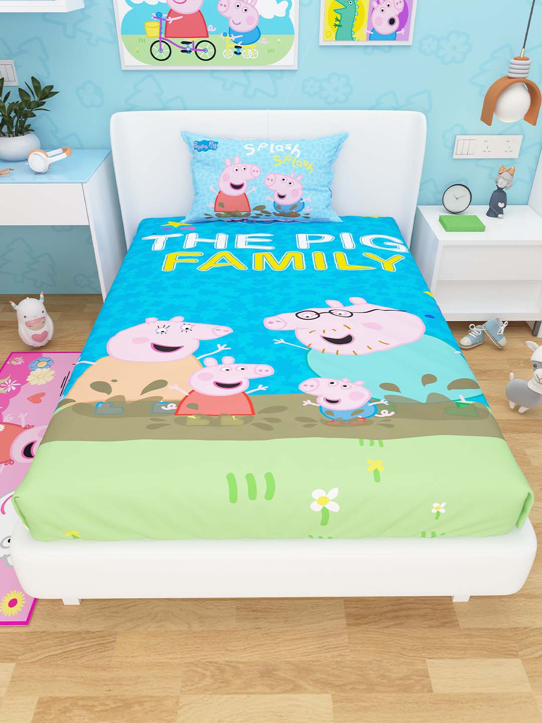 Vibrant Peppa Pig kids cotton single bedsheet by Athom Living, crafted from high-quality cotton for comfort, featuring matching pillow cover for a complete bedding set.