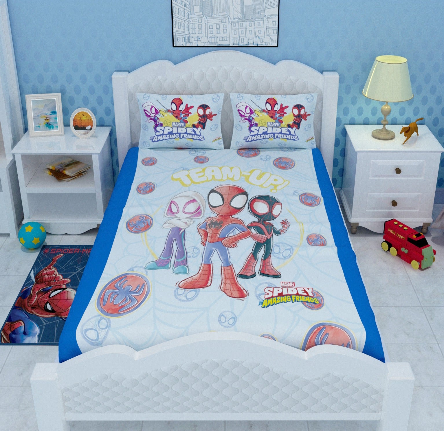 Vibrant Spiderman Team Up kids bedsheet set with 2 pillow cover designed by Athom Living, featuring bold Marvel graphics, breathable fabric, and a colorful look perfect for enhancing kids’ bedroom décor.