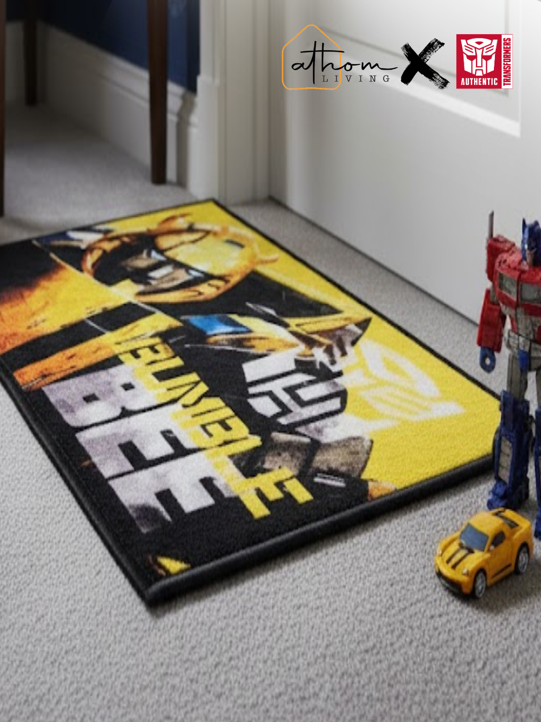 Vibrant Transformer "Bumble Bee" Kids Doormat by Athom Living – Premium Printed Nylon Bath Mat, Medium Size 37x57 cm, Soft, Durable & Anti-Skid with Latex Backing – Perfect for Kids’ Room or Bathroom.