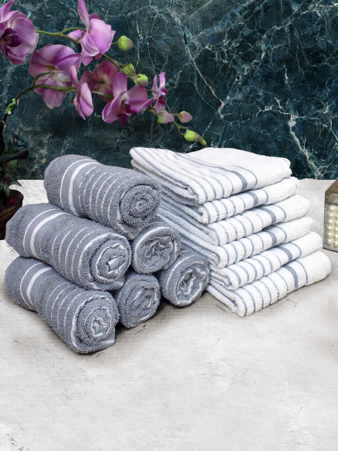 White grey cotton hand towel set pack of 12 towels