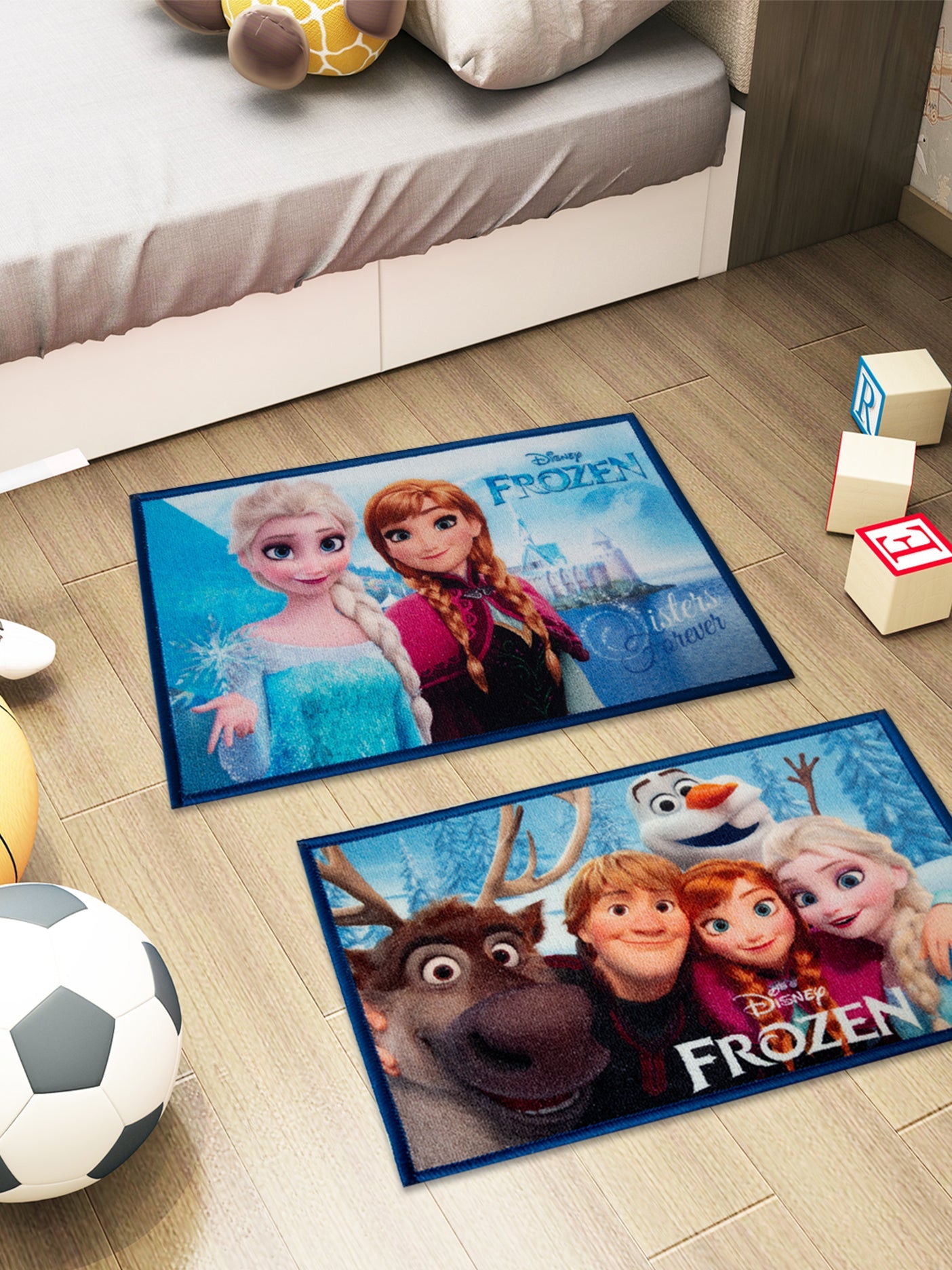 Athom Living Disney Frozen Anna & Elsa Sister Forever Themed with Disney Frozen Characters Digital Printed Multi colored Kids Premium Nylon Bathmat, With Latex Backing, Anti - Skid Bathmat, 37 x 57 cm, Pack of 2 - Athom Living