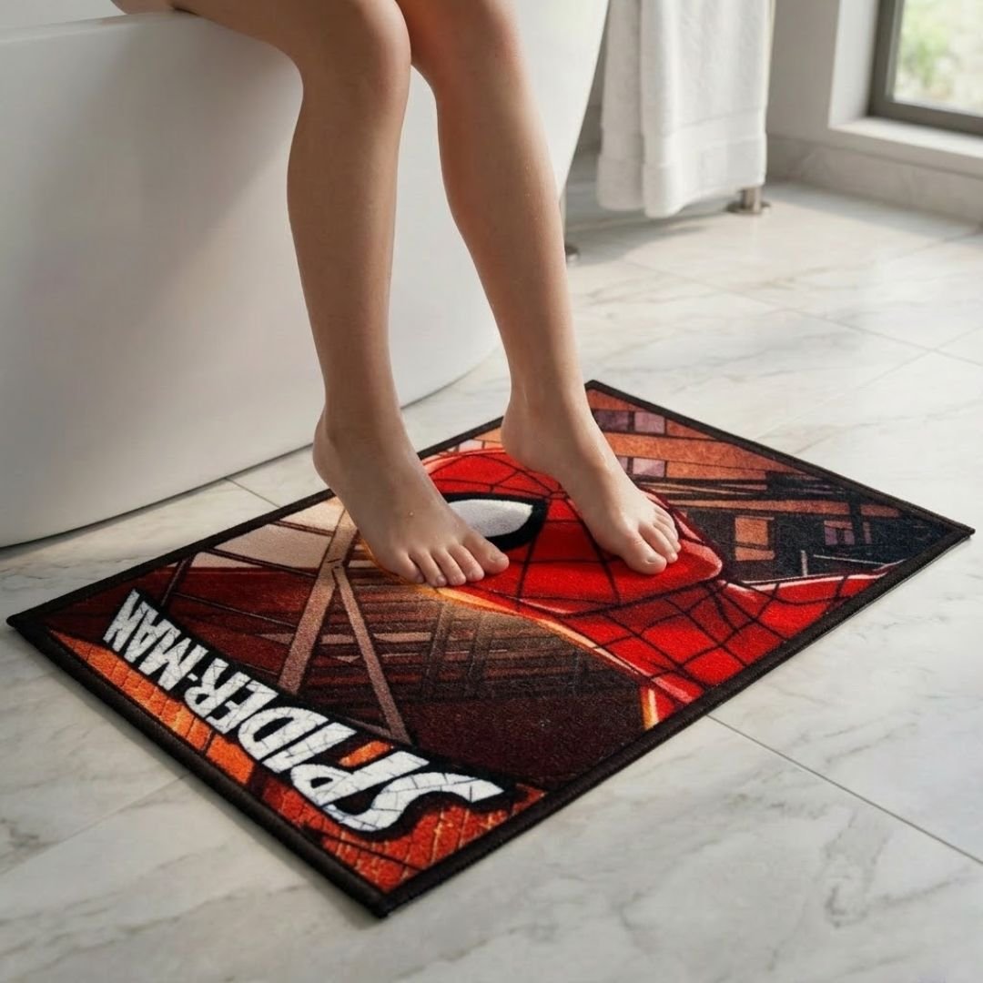 Athom Living Marvel Spiderman Multiple colored Kids Premium Nylon Bathmat, With Latex Backing, Anti - Slip Bathmat, 37 x 57 cm, Pack of 1 - Athom Living