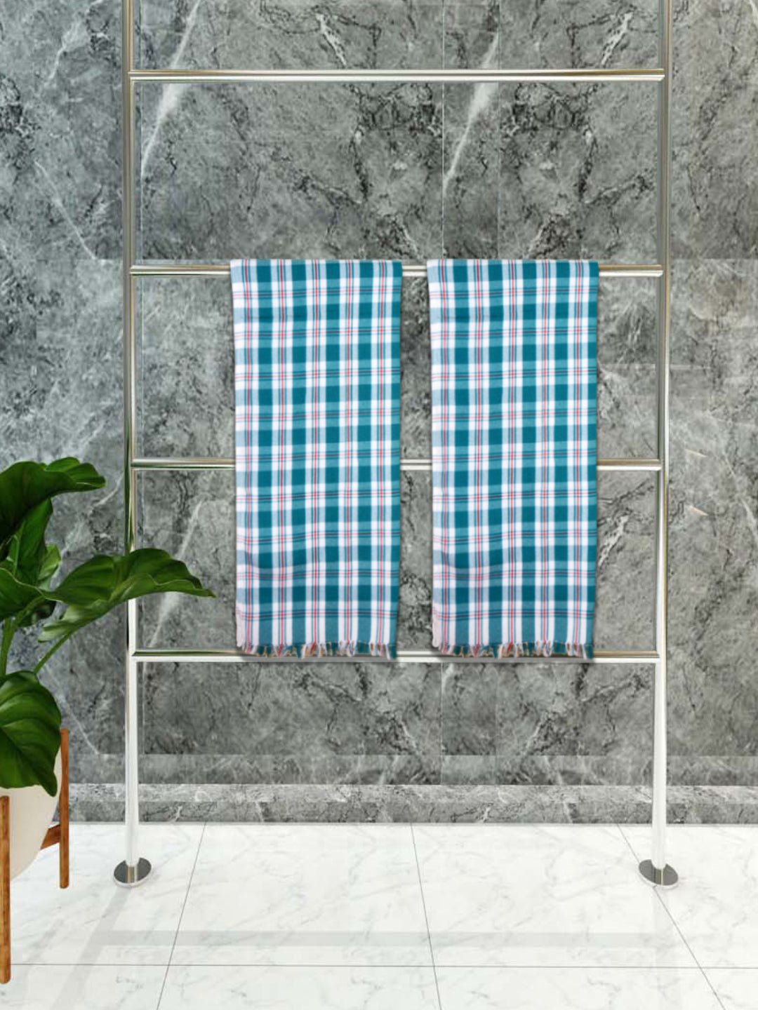 Athom Living Premium Gamcha Bath Towel 75 x 150 cm Pack of 2 White with Bottle Green checkered - Athom Living