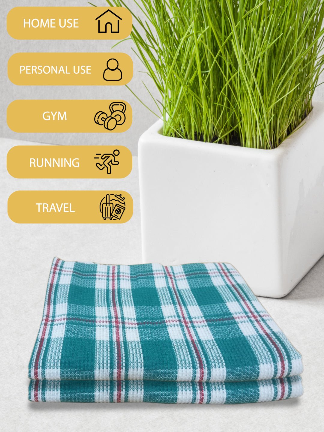 Athom Living Premium Gamcha Bath Towel 75 x 150 cm Pack of 2 White with Bottle Green checkered - Athom Living