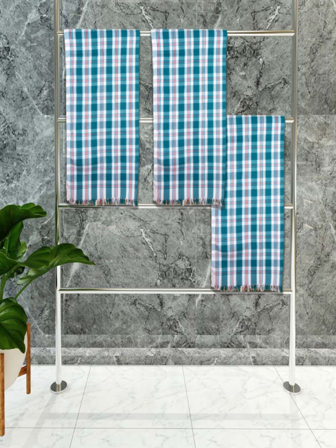 Athom Living Premium Gamcha Bath Towel 75 x 150 cm Pack of 3 White with Bottle Green checkered - Athom Living